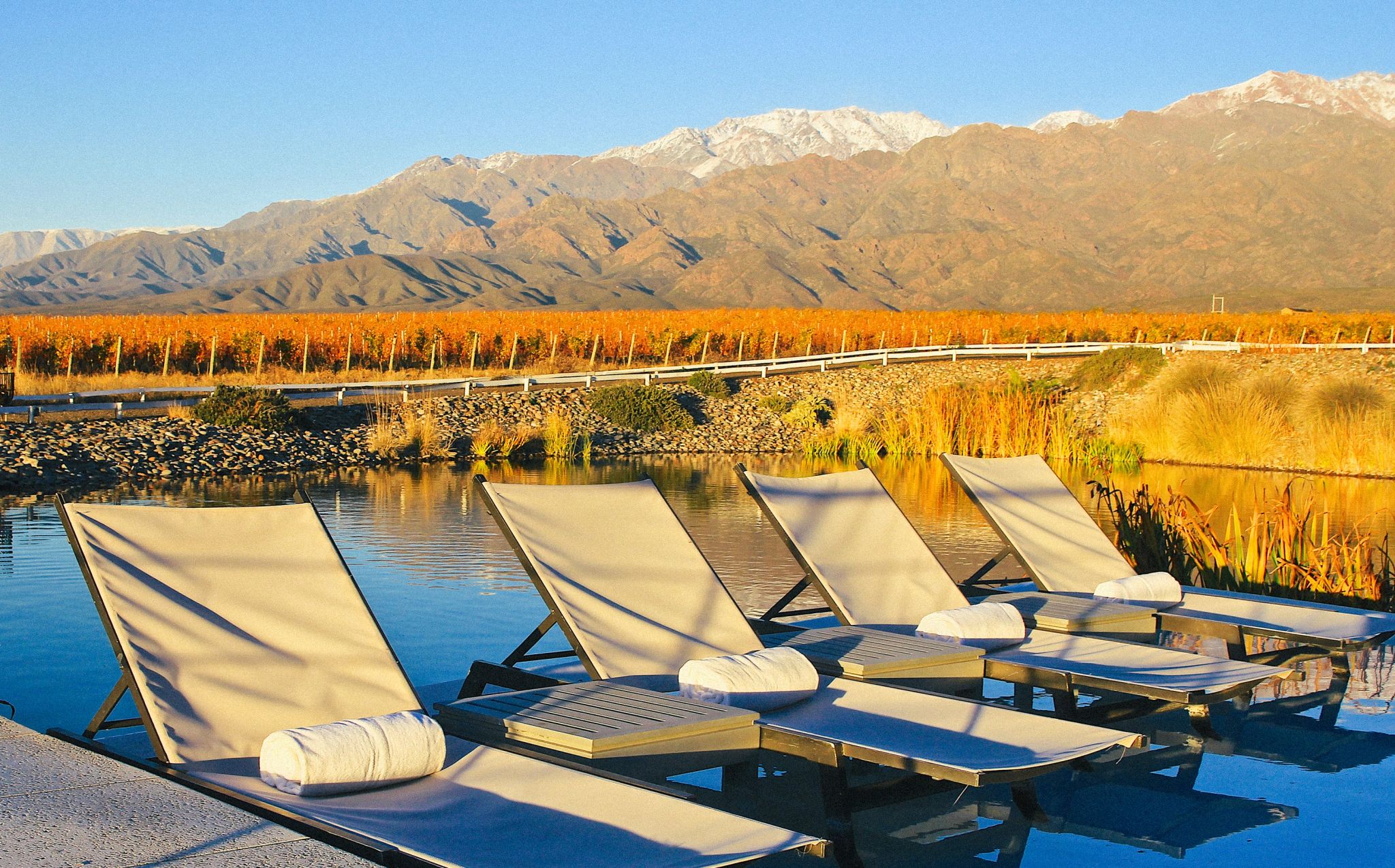 Piscina piscina do casa de uco - cadeiras de descanso de luxo - vinhedos ao fundo
