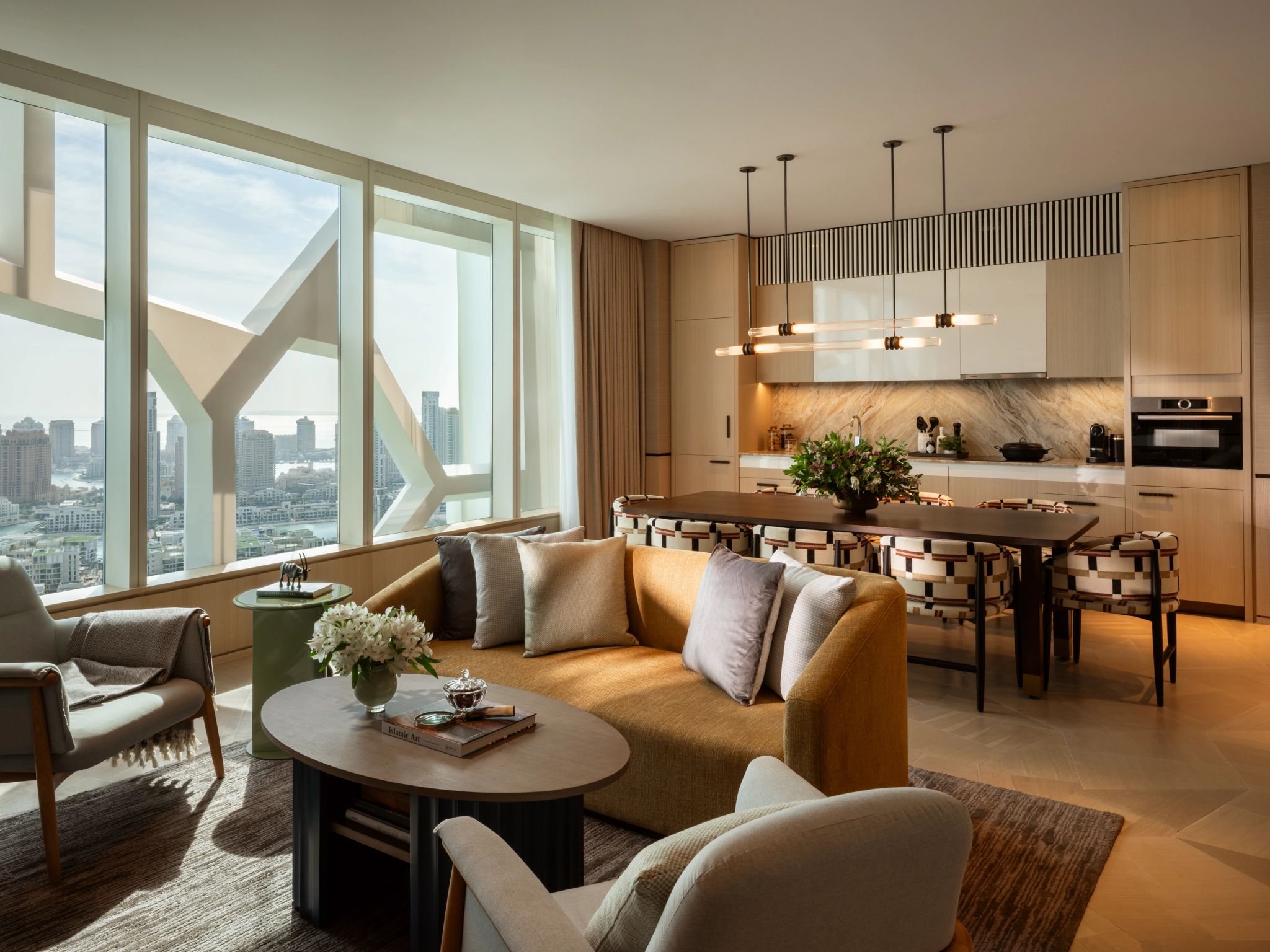 Three Bedroom Lagoon View Apartment sala de estar - sala moderna - mesa de jantar