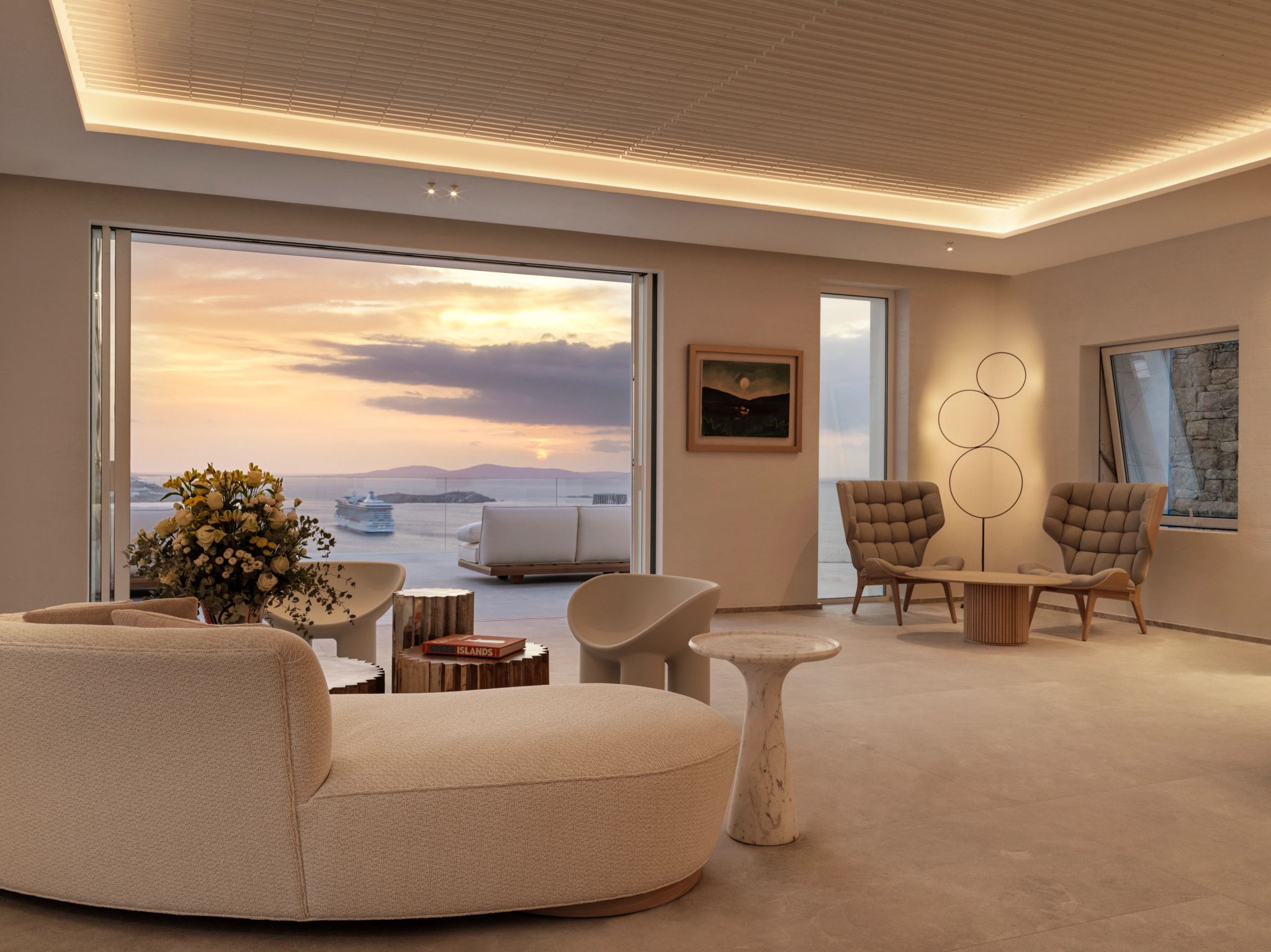 vista do quarto para o mar egeu-suite deos mykonos-janela grande