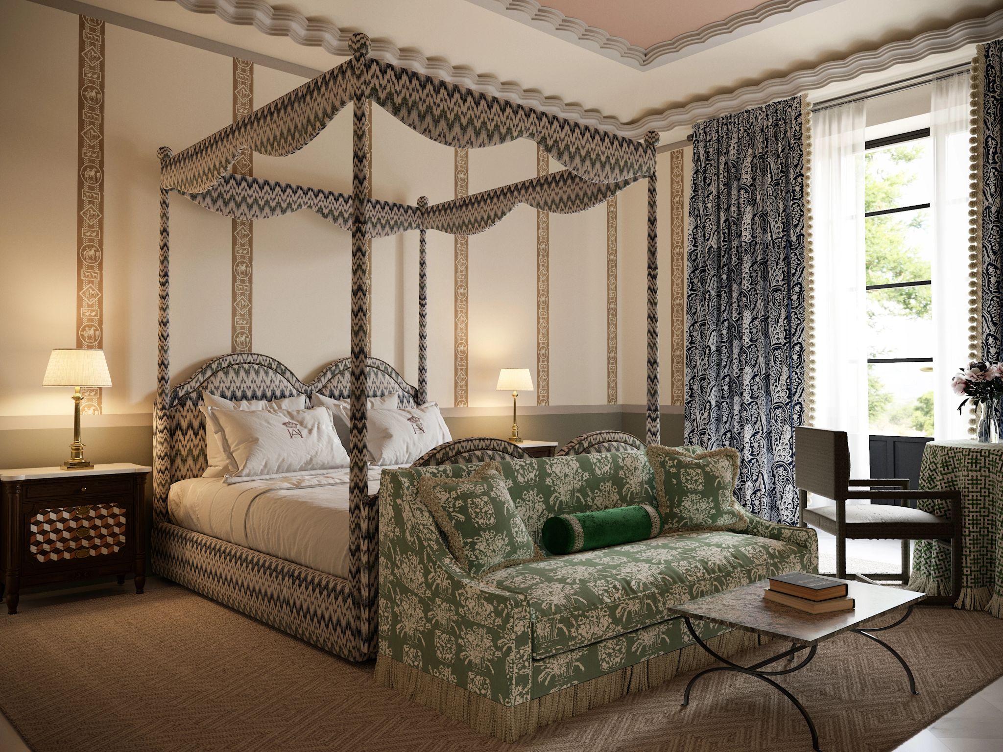 Suíte cama de casal - vista panoramica - decoracao classica