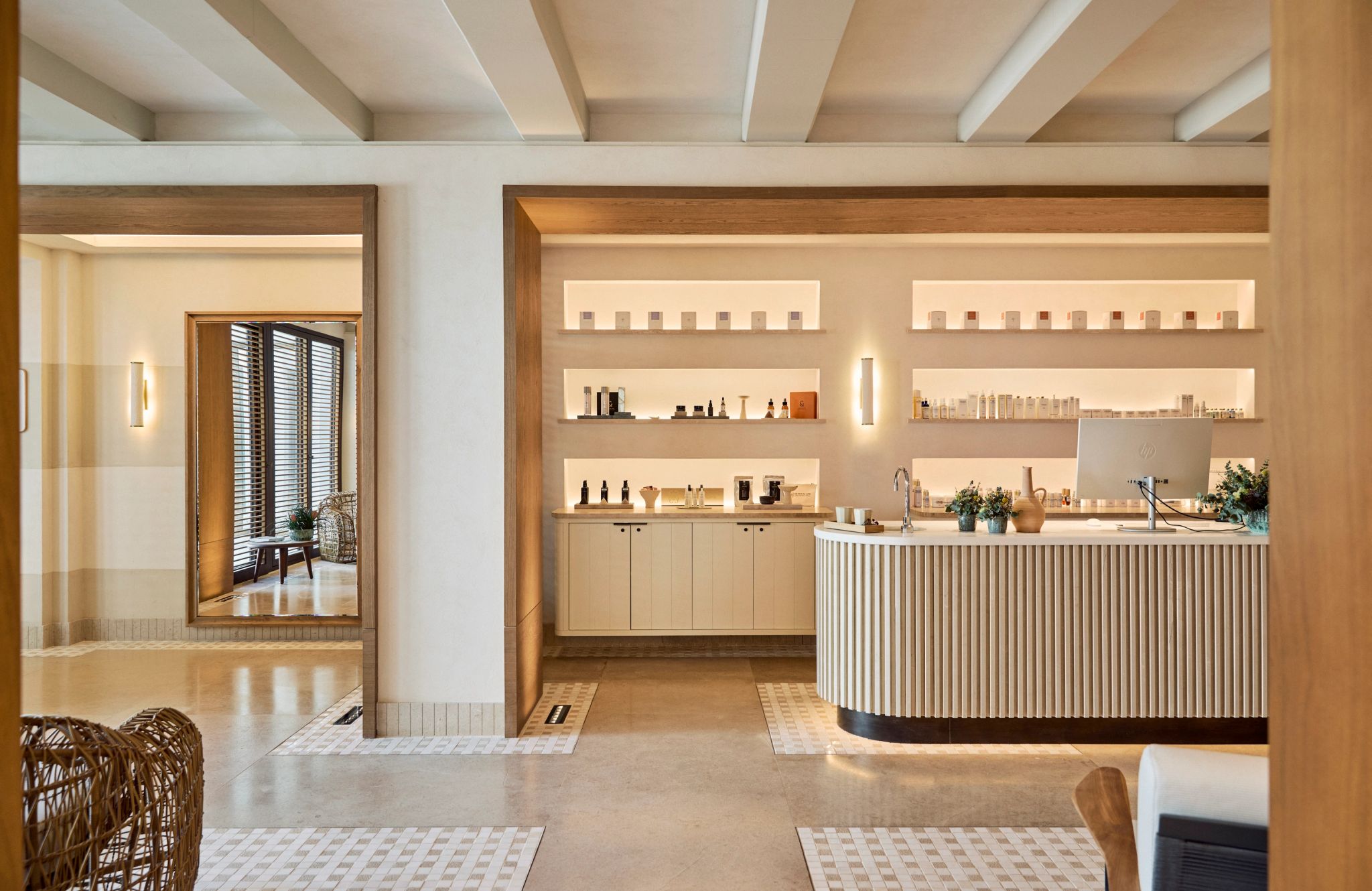 Spa Lobby balcao de atendimento spa - tons pasteis - ambiente relaxante