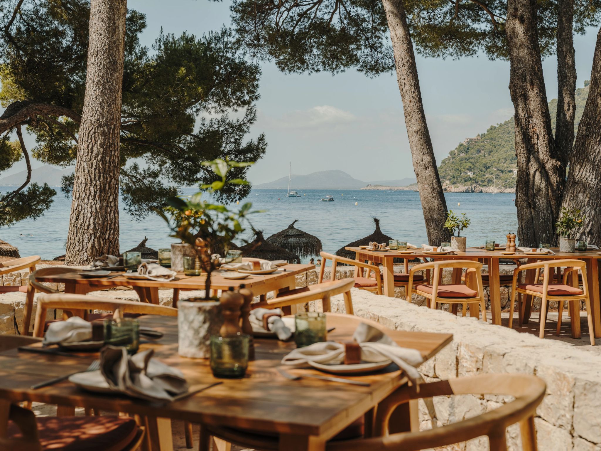mesas de madeira - vista para o mar cristalino - almoco premium