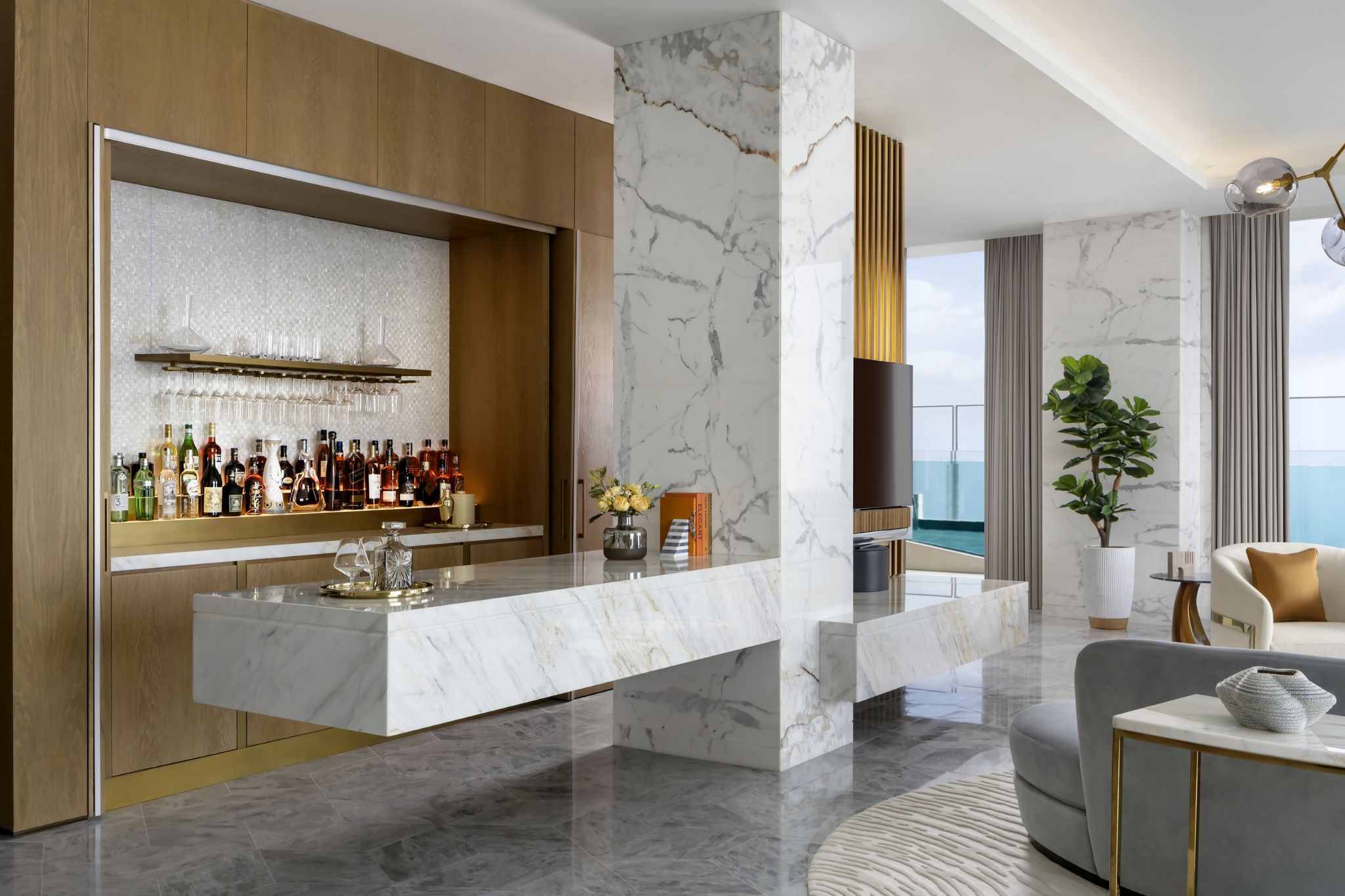 bar privativo – decoracao em marmore – vista mar arabico
