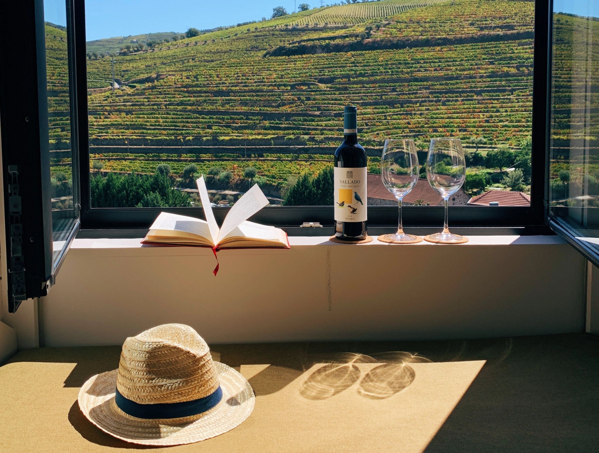 mesa vinhos vista - chapeu sol varanda - lazer vinicola